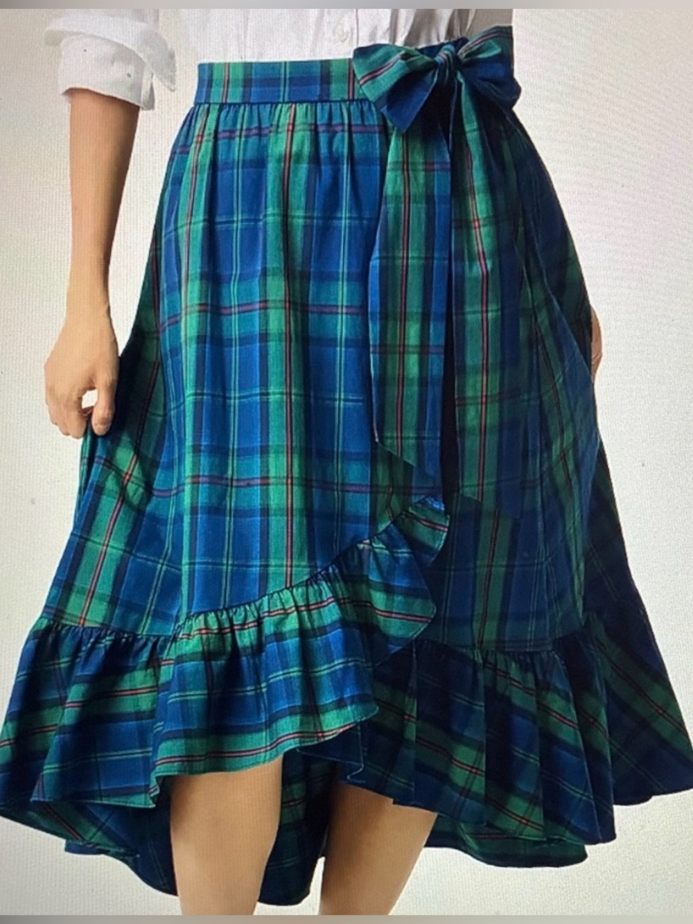 J.Crew Tartan Wrap Ruffle Midi Skirt Blue Green Plaid High Low Side Tie M NWT L
